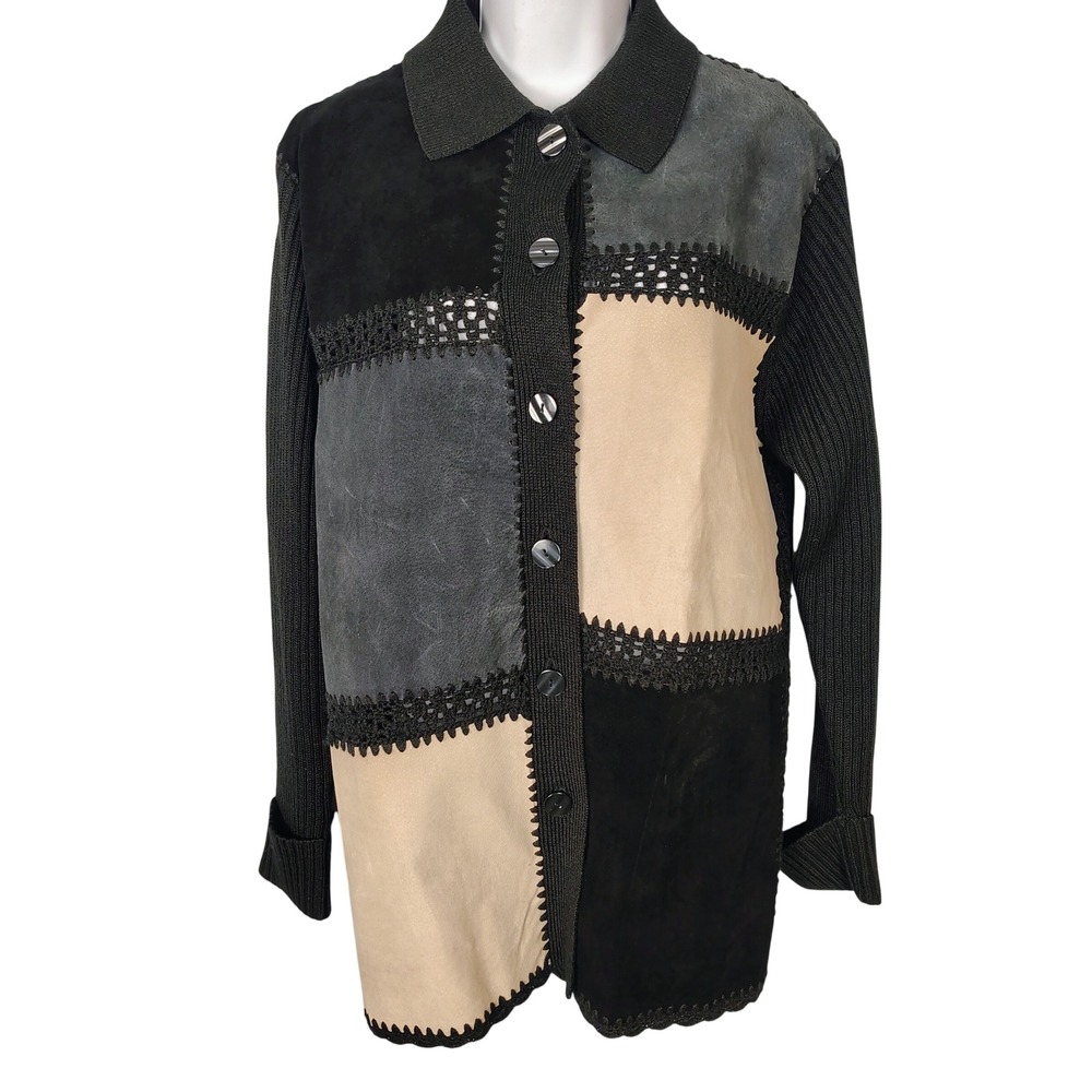 Ambra Womens Large Suede Patchwork Ribbed Knit Cardigan Sweater Black Grey Tan L